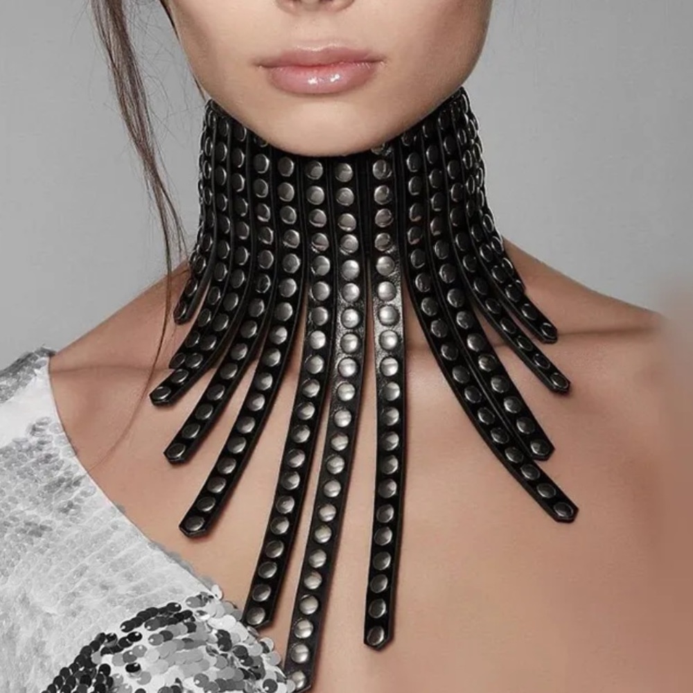 New Black Leather Studded Fringe Collar Statement Necklace